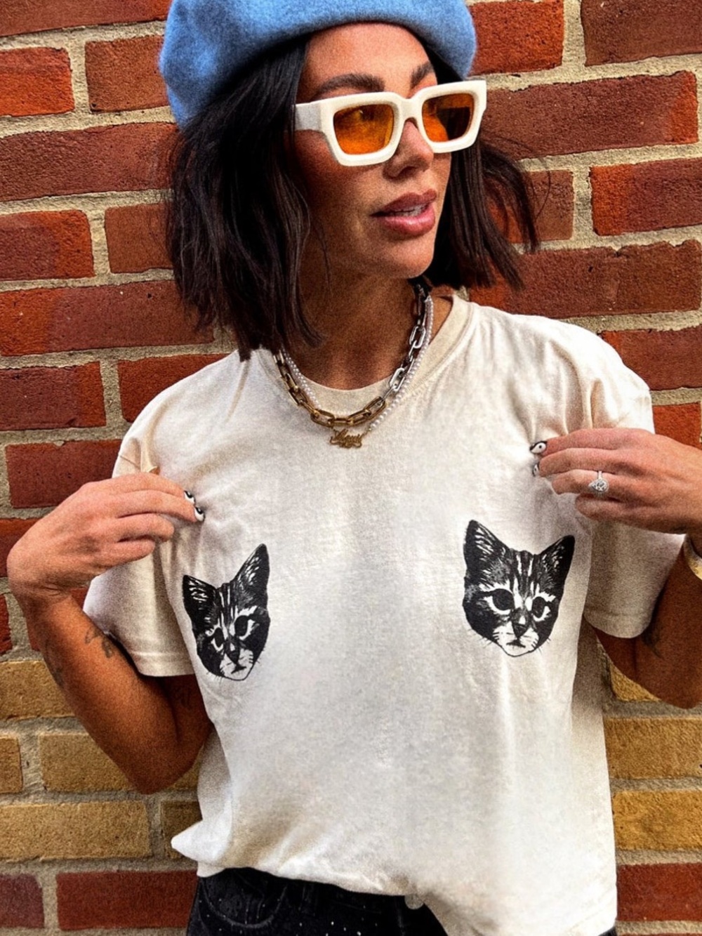 Dressed in LALA Cream Tee with Black Cat Prints
